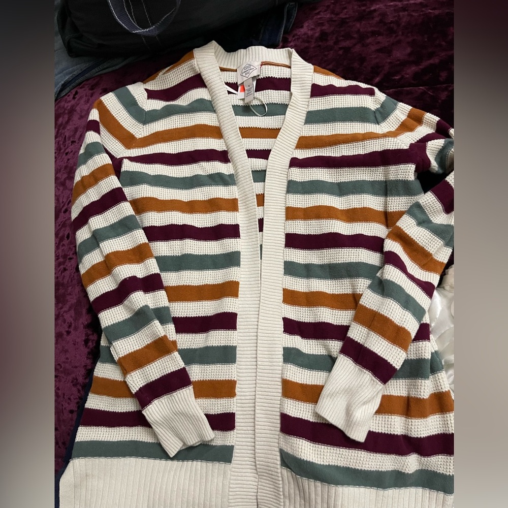 St. John's Bay Striped Cardigan in Cream, Burgundy, and Mustard